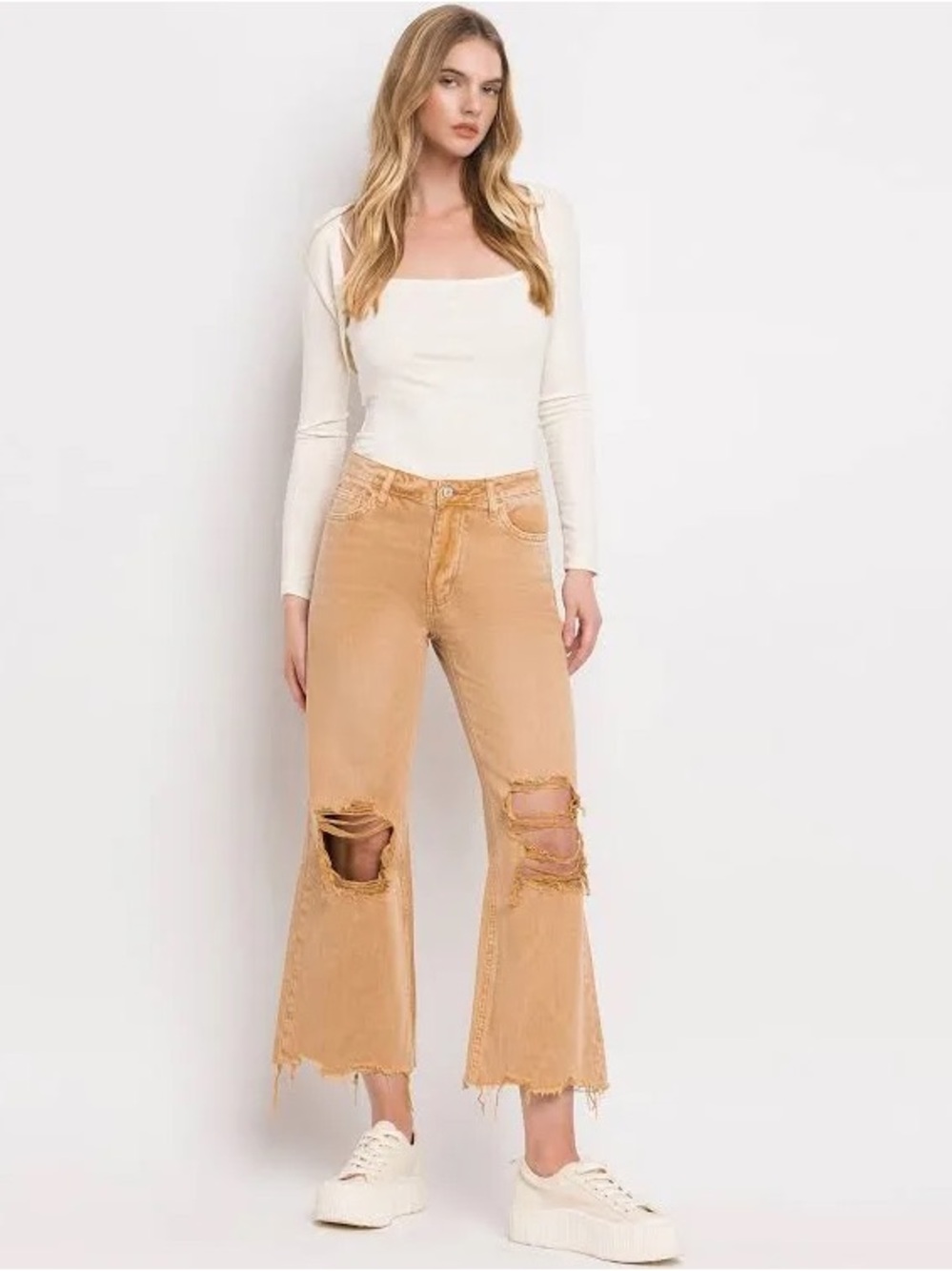 Flying Monkey Vervet Jeans in lightweight brown wide leg.